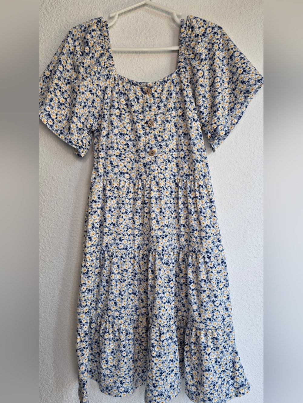 btween Blue & Yellow Floral Tiered Button-Front Dress